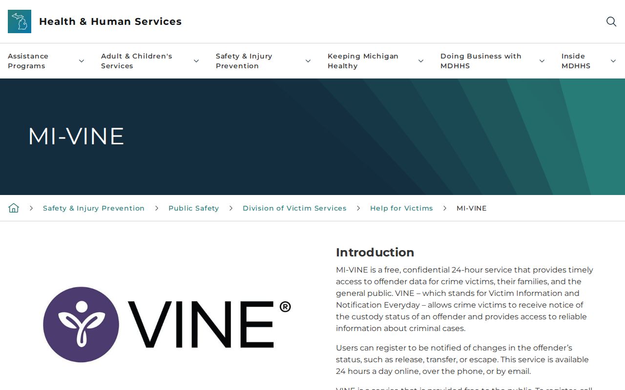 MI-VINE instructions for Schoolcraft County Jail release status