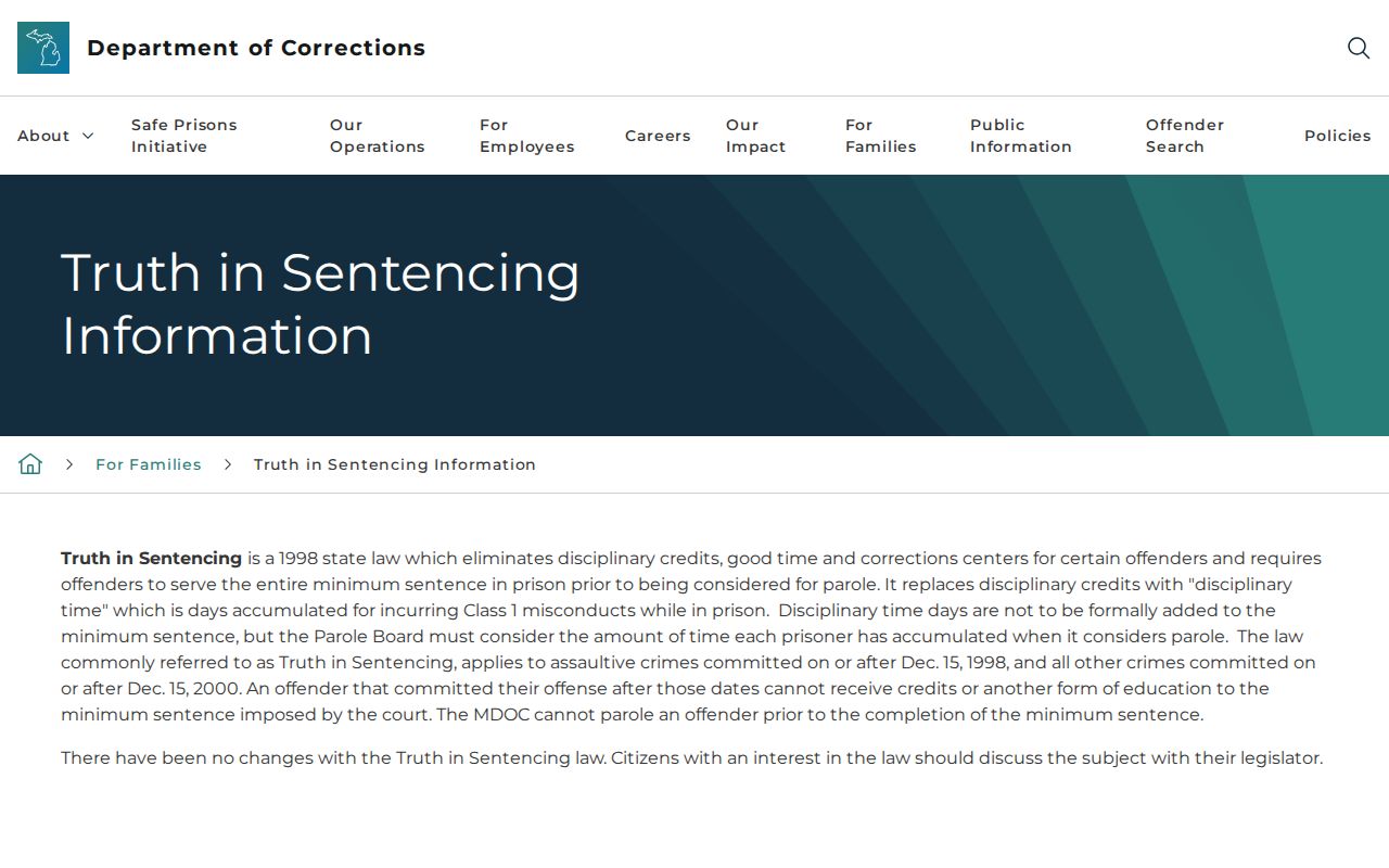 Michigan truth-in-sentencing rule for a Schoolcraft County projected release date