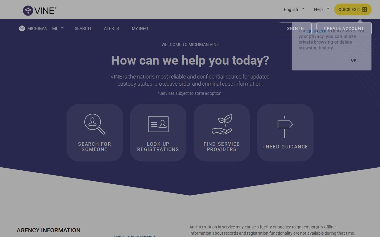 Schoolcraft County VINELink inmate search and release status portal
