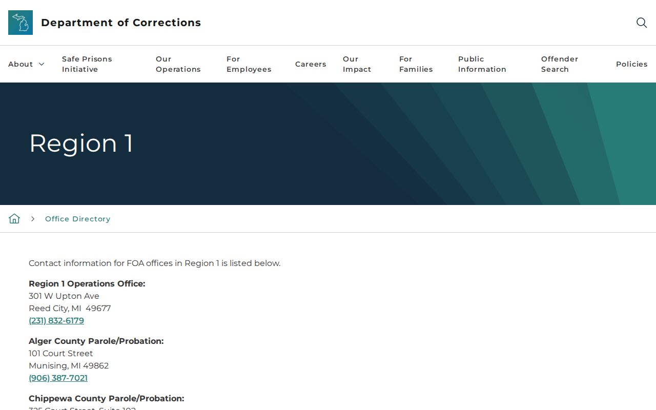 Schoolcraft County parole and probation office in the MDOC Region 1 directory
